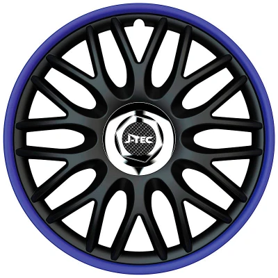 Afbeelding van J Tec 4 Delige Wieldoppenset Orden R 15 inch zwart/blauw + chroom ring