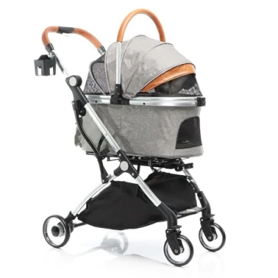Afbeelding van Fudajo Luxe hondenwagen 2 in 1 grijs inklapbare hondenbuggy met plank; kinderwagen voor honden, overdekte buggy afneembare mand Multistrobe