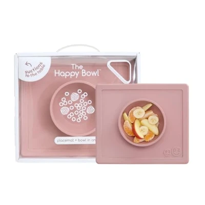 Afbeelding van ezpz Happy Bowl 24 maanden + schaal van 100% siliconen met geïntegreerde placemat voor peuters en kleuters lichtroze