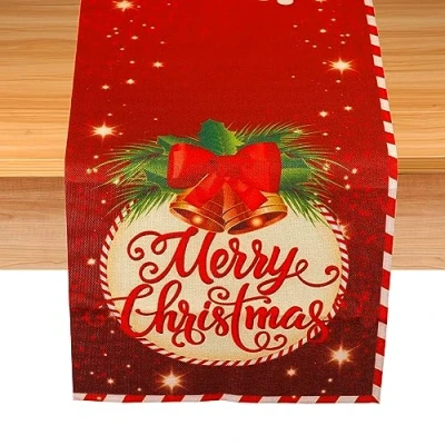 Afbeelding van Kerst Tafelloper, 184x35cm Kersttafelkleed Vrolijk Kerstfeest Tafelloper Linnen Kerstversiering Tafelkleed voor Eettafel Etentje (Rode Belstijl)