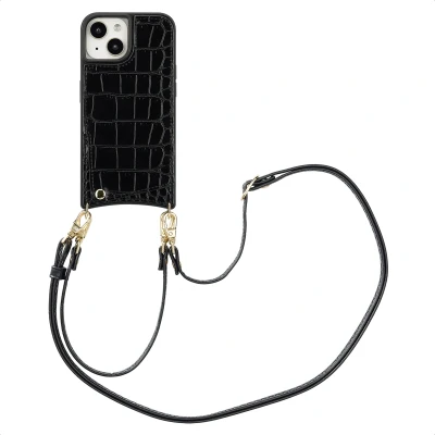Afbeelding van Selencia Hoesje Geschikt voor iPhone 15 met Pasjeshouder Nova Croco Backcover koord en pashouder Zwart