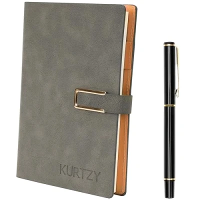 Afbeelding van Kurtzy Grey PU Leather Notebook with Pen Refillable A5 Writing Journal 112 Thick Pages Lined Paper Travel Diary for Business, Work and School