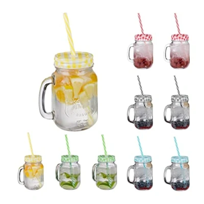 Afbeelding van Relaxdays drinkglazen met rietje set van 10 sapglazen deksel 500 ml mason jar
