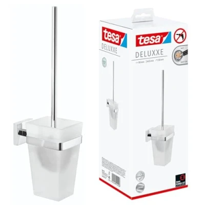 Afbeelding van tesa® Deluxxe toiletborstelset, zelfklevend, verchroomd, modern design, 100% roestvrij, 137 mm x 97 160