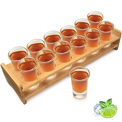 Afbeelding van Shot Glass Set, Cocktail Houder en Glas, Drankjes Serving Board Organizer 12 Gaten met Clear Crystal stks 1oz/30ml voor Liquor Shots Whisky Brandy Vodka Rum at Home Party Bar