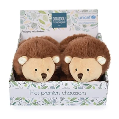 Afbeelding van Doudou et Compagnie Eenhoorn pantoffels UNICEF bruin open doos geïntegreerde rammelaar cadeau idee voor de geboorte meisjes en jongens van 0 tot 6 maanden DC3998
