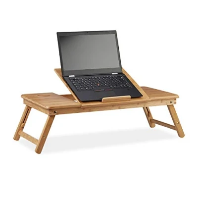 Afbeelding van Relaxdays laptoptafel bamboe XL, verstelbaar, 5 hellingshoeken, met lade, luchtgaten, schoottafel, bedtafel, natuur