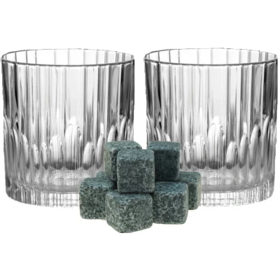 Afbeelding van Luxe whiskyglazen set 6x stuks 310 ml met 9x whisky ijsblokstenen Whiskeyglazen