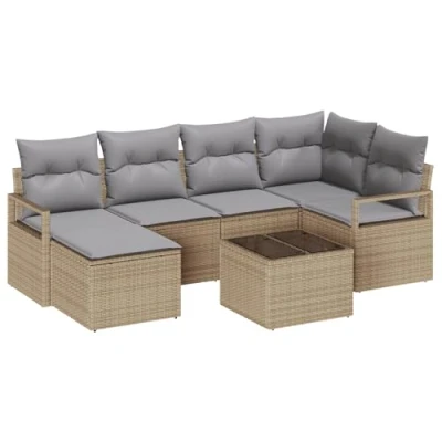 Afbeelding van vidaXL 7 Delige Tuin Sofa Set met Kussens Zwart Poly Rattan, 2 Zitter Opslag &amp; Beige Rattan