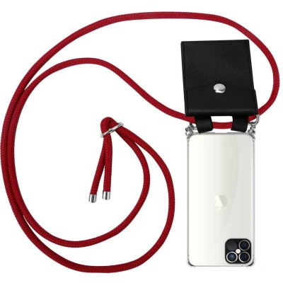 Afbeelding van Cadorabo Hoesje geschikt voor Apple iPhone 12 / PRO in ROBIJN ROOD Silicone Mobiele telefoon ketting beschermhoes met zilveren ringen, koordriem en afneembaar etui