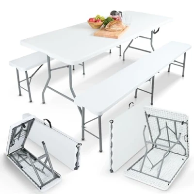 Afbeelding van AREBOS Klaptafel met 2 Klapbanken Inklapbare tafel 182 x 74 cm Opvouwbare Tuintafel Vouwtafel Inclusief handvat en tafelkleden max 8 Personen Wit