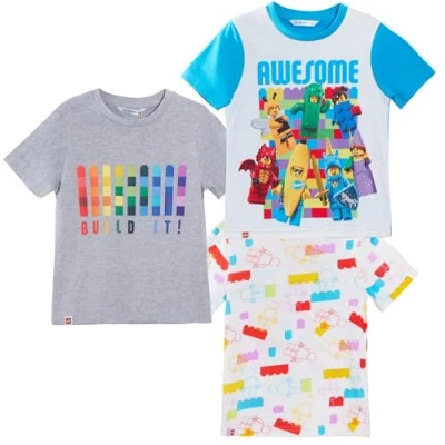 Afbeelding van LEGO Set van 3 T shirts voor kinderen, jongens en meisjes, officiële multipack tops, zomert shirts, Meerkleurig, 7 8 Jaar