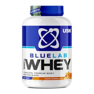 Afbeelding van USN Blue Lab Whey Protein, premium weiproteïnepoeder, wetenschappelijk ontwikkeld na workout spieropbouw proteïnepoeder met BCAA&#039;s, karamel popcorn, 2 kg