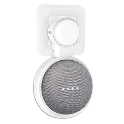 Afbeelding van PlusAcc Wandhouder voor Google Nest Mini of Home Mini, houder met geïntegreerd kabelmanagement, ideaal slaapkamer, badkamer en keuken, geen schroeven nodig (wit)