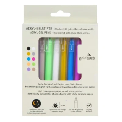 Afbeelding van GOLDBUCH Acryl Gelstiften Set 10 kleuren Goud Zilver Zwart Wit 0.8mm