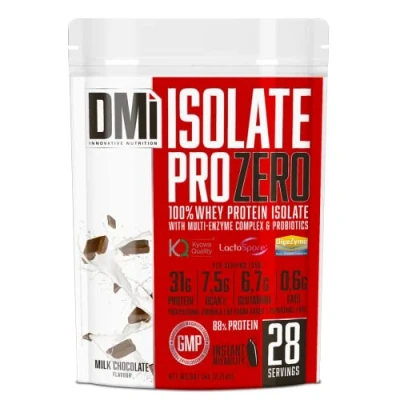 Afbeelding van DMI Isolate Pro Zero proteïne voor spierregeneratie en ontwikkeling, 100% wei eiwitisolaat met DigeZyme® LactoSpore zonder toegevoegde suiker, 1 kg, chocolade