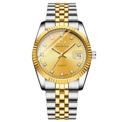 Afbeelding van JewelryWe Bijpassende polshorloges voor hem en haar, Goud zilverkleurig kwartshorloge met kalender, mannen