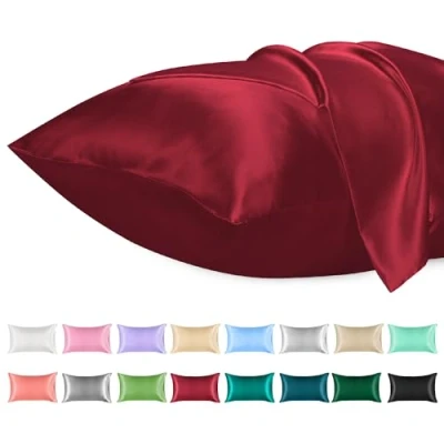 Afbeelding van Lirex 2 Pack Satijnen Kussenslopen, Standaard Formaat Zacht Effen Kleur Microfiber Kussensloop, Envelop Sluiting Kreukvrij Vervagingsbestendig Ademend (40x80 cm, Wijn Rood)