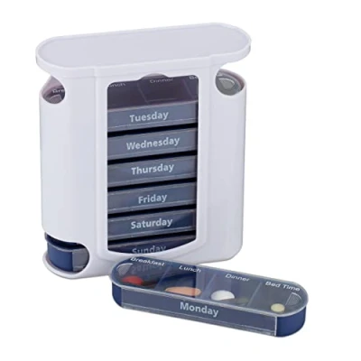 Afbeelding van Relaxdays pillendoos 7 dagen 4 vakken medicamentendoos Engels pillendoosje toren wit blauw