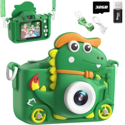 Afbeelding van kindercamera, dinosaurus, 2 inch display, 1080p, selfie, digitale camera voor kinderen met 32 GB, fotocamera van 3, 4, 5, 6, 7, 8, 9, 10, 11, 12 jaar, jongens en meisjes,