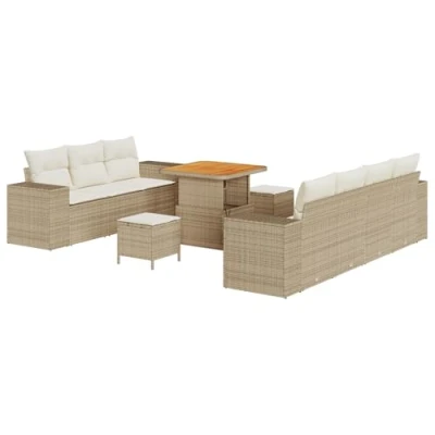 Afbeelding van vidaXL 10 delige Tuin Sofa Set met Kussens Beige Poly Rattan Acacia, 3 Eetset Acacia