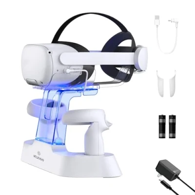 Afbeelding van NexiGo Verbeterd oplaaddock met LED licht [aan/uit] voor Oculus Quest 2, [Ondersteuning Elite riem batterij], headset displayhouder en controller bevestiging, 2 oplaadbare batterijen,