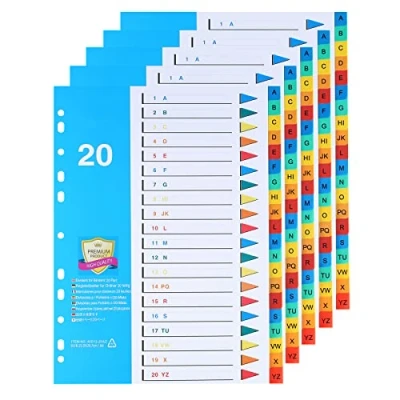 Afbeelding van DONGLI A4 bestandsverdelers, 20 delige indextabs, A Z tabbladen (5 pack), onderwerpverdelers, indexverdelers met 11 gaten, meerkleurige voor thuiskantoor, school