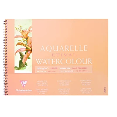 Afbeelding van Clairefontaine 96071C kleurblok, met dubbele spiraal aquarelpapier fijnkorrelig, Etival/cellulose, 24 x 30 cm, 12 vellen, 300 g, wit