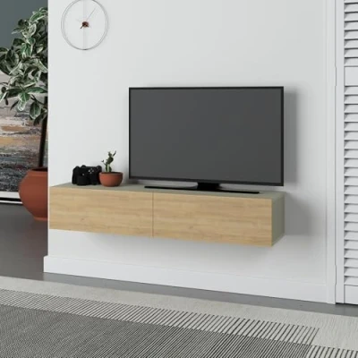 Afbeelding van HOCUS PICUS Zwevend TV Meubel met 2 Opbergkasten en Verborgen Bevestiging Modern Design 135(B) x 32(D) 25(H) cm Voor Woonkamer of Kantoor Ash Green/Eiken