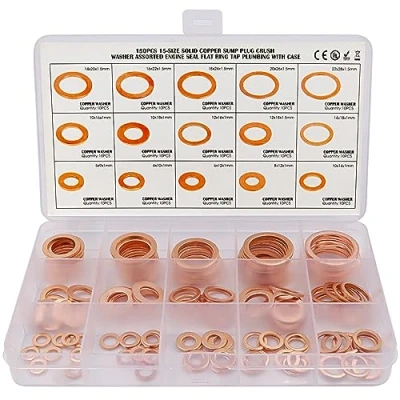 Afbeelding van ADNEWX 150 stuks koperen afdichtringen, ringen, assortiment 15 maten, M5 M22, afdichtring, platte sluitringen voor auto, motorfiets, motor, schroeven, verbindingselementen
