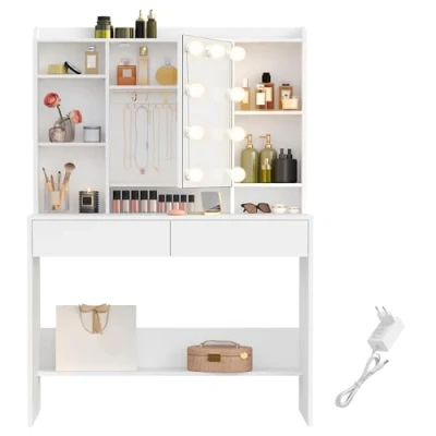 Afbeelding van VASAGLE make uptafel met 9 ledverlichting, 3 kleuren instelbare helderheid, kaptafel spiegel voor up, verstelbare planken, 2 laden, modern, wit RDT126W01