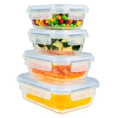 Afbeelding van Home Fleek Glazen Vershoudbakjes, Rechthoekig Glas Meal Prep Food Container Met Deksel Ruimtebesparende Voedselopslag Voor Magnetron En Vriezer Containers (Set 4, Blauw)