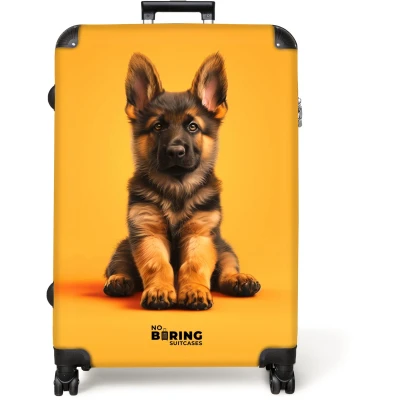 Afbeelding van NoBoringSuitcases.com® Koffer groot Reiskoffer lichtgewicht Jonge herdershond op gele achtergrond Rolkoffer met 4 wielen Grote trolley XL 98 liter bagage