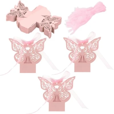 Afbeelding van Vlinder Bruiloft Geschenkdoos, 50 Stuks Dozen voor Verjaardag, Cadeaudoosjes Karton, Geschenkdozen met Strik, Holle Geschenkdoos Bruiloft, Verlovingsfeest, Doop, Kerstmis(Roze)