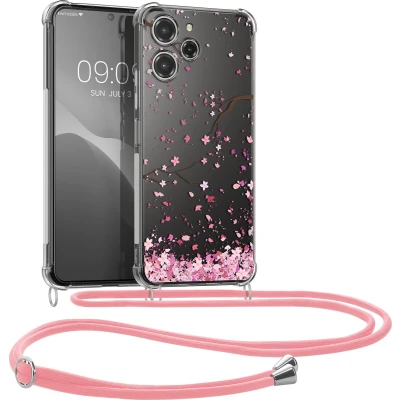 Afbeelding van kwmobile telefoonhoesje geschikt voor Xiaomi Redmi 12 Hoesje met telefoonkoord Back cover smartphone Case in poederroze / donkerbruin transparant
