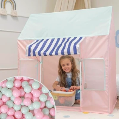 Afbeelding van Selonis Kindertent Speelhuisje Met 300 Ballen Opvouwbaar IJssalon Voor Kinderen Speeltent Gemakkelijk Op te zetten Stimuleert Verbeelding En Creativiteit Ideaal Binnen Buiten, Roze Mint:Poederroze/Mint