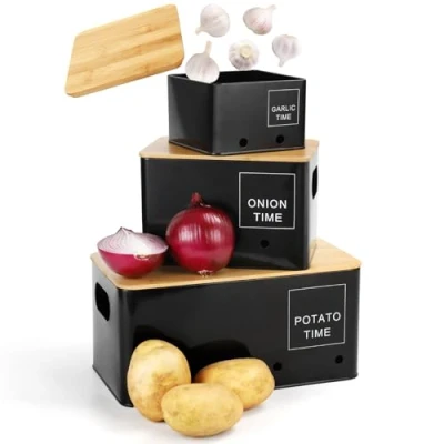 Afbeelding van Lannvan Aardappelopbergdoos [3 delige set] bewaren van aardappelen, uien en knoflook met ventilatiegaten, houdt groenten langer vers, aardappelpot, uienpot knoflookpot, zwart