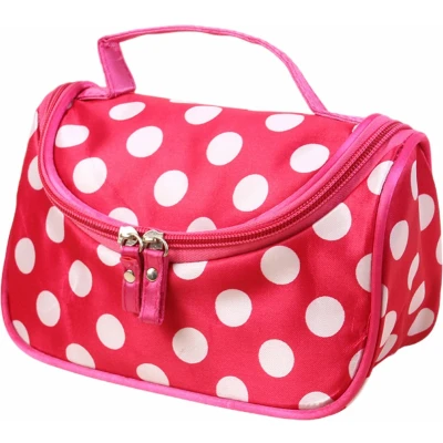 Afbeelding van Fako Fashion® Make Up Tasje Met Spiegel Cosmetica Organizer Toilettas Roze Witte Stippen