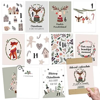 Afbeelding van Papierdrachen Kaartenadventskalender 2024, om te knutselen en cadeau geven voor Engels, set 7, 24 ansichtkaarten vorm geven, idee de periode vóór Kerstmis, met liefdevolle