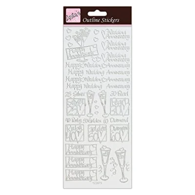 Afbeelding van Anitas Outline Stickers, huwelijksverjaardag, zilver op wit, voor scrapbooking, kaarten maken, kinderspel, huiswerk, kunst, ambacht, verfraaien, decoratief, papier, kaart, glas, metaal, kunststof,