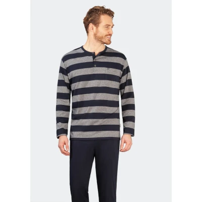 Afbeelding van Blauw grijs gestreepte heren pyjama Hajo Maat 56