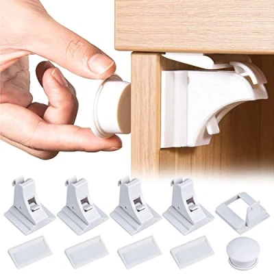 Afbeelding van Babyladebeveiliging, magnetische kinderbeveiliging, kast, babyveiligheid, kastslot, 4 sloten en 1 sleutel, zelfklevend, onzichtbare zekering voor laden