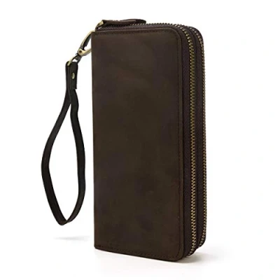 Afbeelding van Heren Lederen Clutch Tas Dubbele Rits Portemonnee 4 Tussenlaag Rondom (Brown 3)