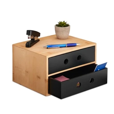 Afbeelding van Relaxdays bureau organizer bamboe met 2 zwarte lades desk kantoor