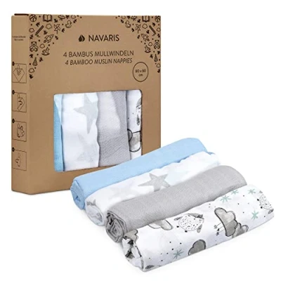 Afbeelding van Navaris mousseline doeken voor baby 4 stuks 80 x cm boertjes of als deken Superzacht viscose en katoen Grijs/wit/blauw ontwerp