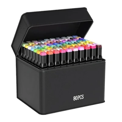 Afbeelding van CRESZZLE 80 kleuren grafische markeerstiften voor kunstliefhebbers dubbele tips, permanent, ideaal kinderboeken en volwassen kunstenaars, inclusief zwarte tas