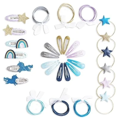 Afbeelding van Papierdrachen Bijzondere 48 haarspelden en haarelastiekjes in vele kleuren duurzaam robuust kinderspantjes met glitter stoffen bekleding haaraccessoires *eenhoorn* voor lang fijn haar