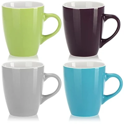 Afbeelding van COM FOUR® 4x keramische koffiekopjes koffiemokken in modern design koffiekan voor koude en warme dranken beker met gekleurd handvat drinkbeker 300 ml (04 stuks blauw/grijs/groen/paars)