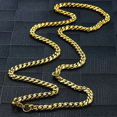 Afbeelding van Cuban Link Heren Ketting Goud kleurig Staal 5mm Dikke Schakels Kettingen Schakelketting Cadeau voor Man Mannen Cadeautjes