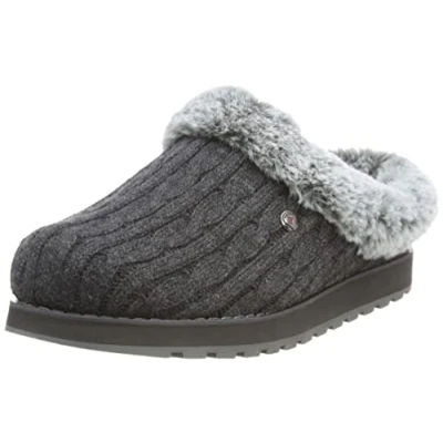 Afbeelding van Skechers Keepsakes Ice Angel platte pantoffels voor dames, Grijs Charcoal Cable Knit Sweater Faux Fur Trim Ccl, 35.5 EU